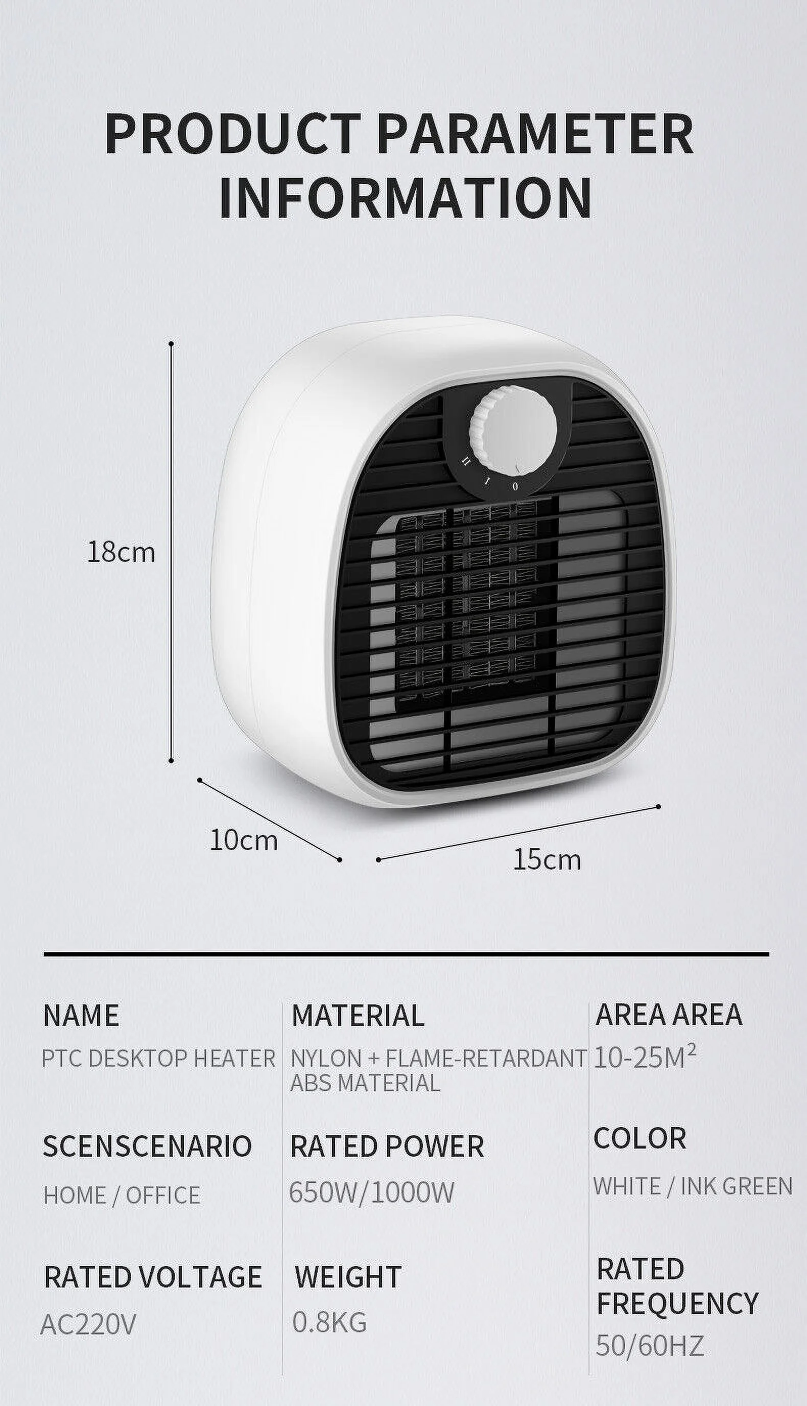 kydely Fan-forced Space Heater Silent Cooling System Safety Features 1000W Portable Heater Office and Home Use PP Shell Material