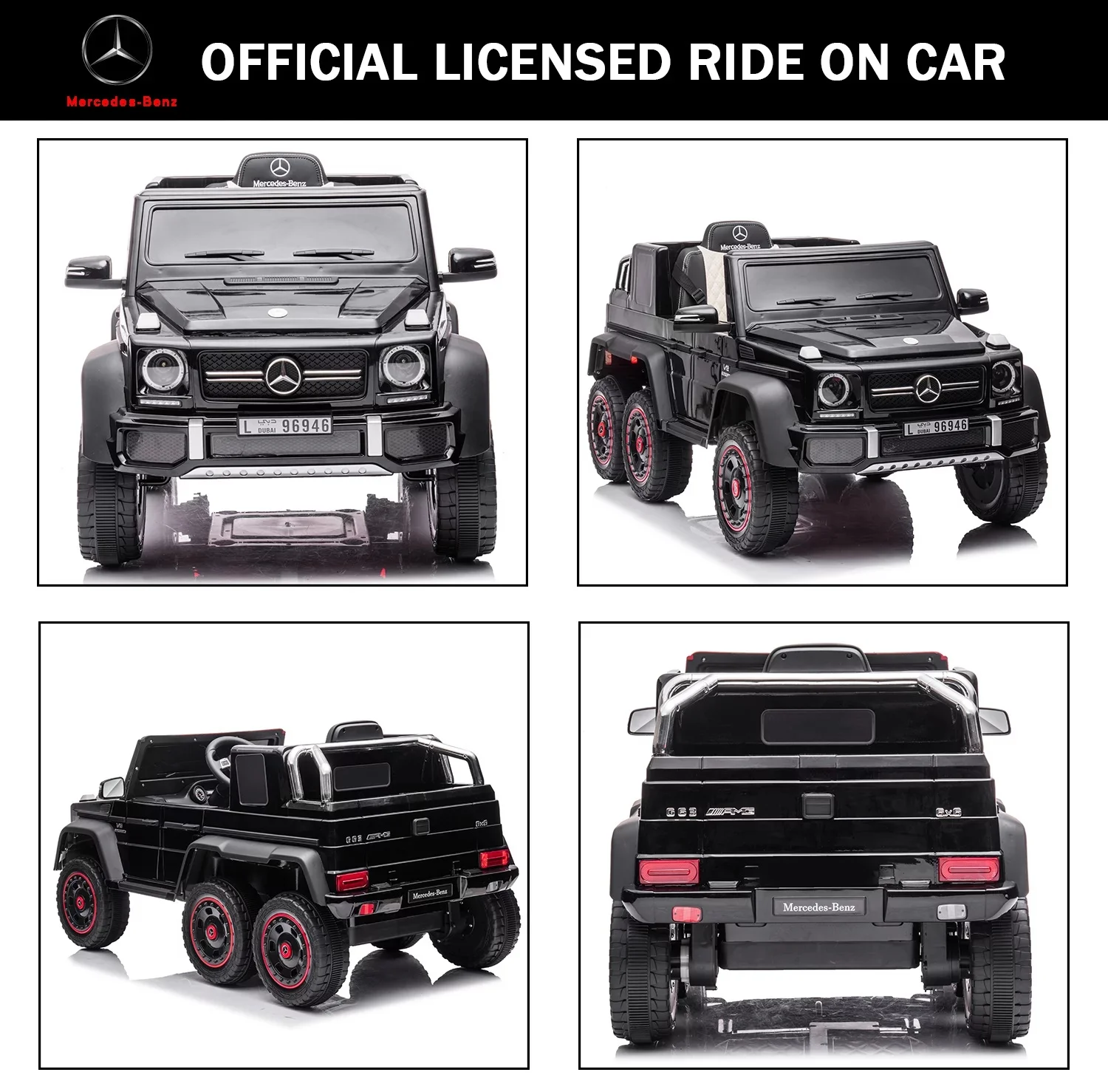 Track 7 24V Ride on Car, Licensed Mercedes Benz G63 24V Electric Car with Remote Control, Music, Bluetooth, Leather Seat, 6 Wheels Kids Ride on Truck, Black