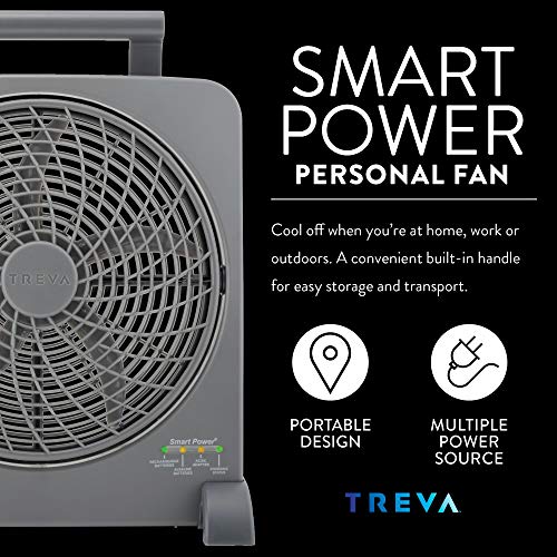 O2COOL Treva 10 inch Rechargeable Portable Fan Smart Power Air Circulator. Plug-In AC Adapter and Battery Powered, USB Charging Port, For Camping Travel and Indoors Use