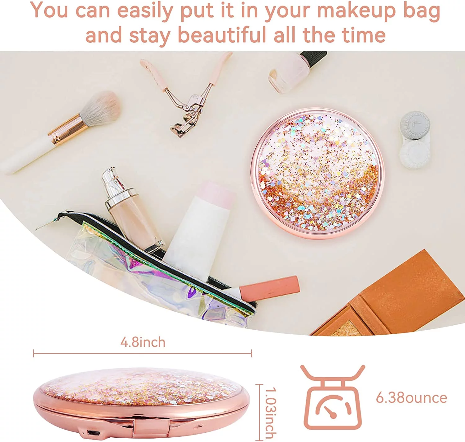 Makeup Mirror with Led Lights,1x/25x Magnification,Compact Liquid Bling Glitter Quicksand Portable Easy to Carry,5 inches,B Beauty Planet