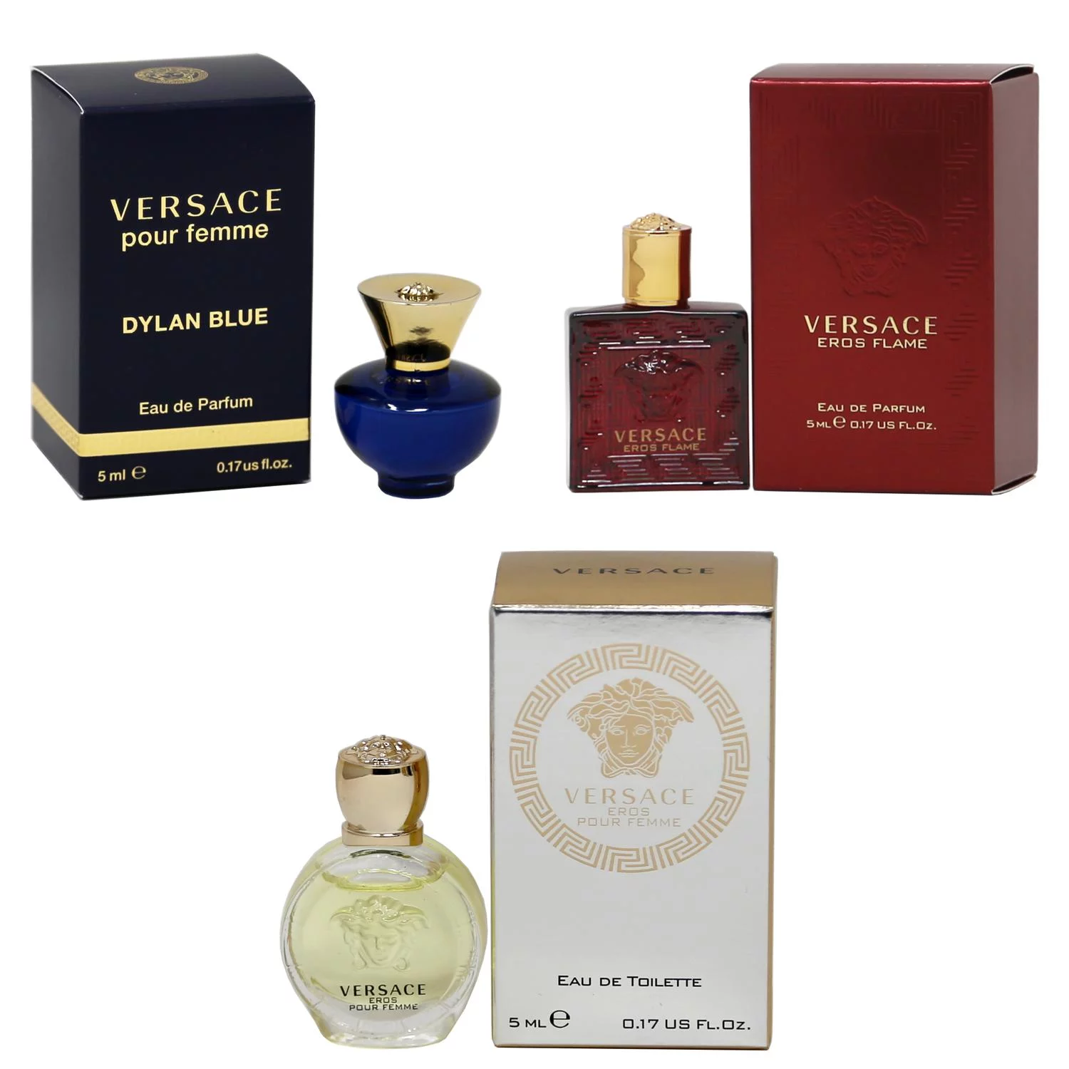 Versace Dylan Blue Femme EDP, Eros Flame EDP, Eros Women EDT - 5ml 3PK Kit