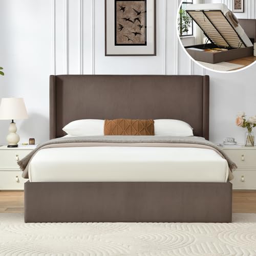 VELOCAVA Queen Size Lift-Up Storage Bed, Modern Upholstered Corduroy White Bed with Wingback Headboard, Gas Lift Platform, Sturdy Wooden Slat Support, No Box Spring Needed, Easy Assembly