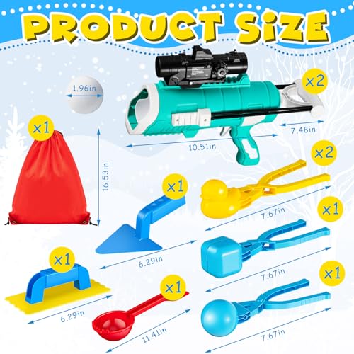 2 Snow Ball Guns with 2 Duck/1 Round/1 Square Shaped Snowball Clip, 1 Snow Shovel, 1 Triangle Snow Spade, 1 Spatula, 1 Carry Bag Snow Toys Snowball Maker Tool for Winter, 10 Pcs