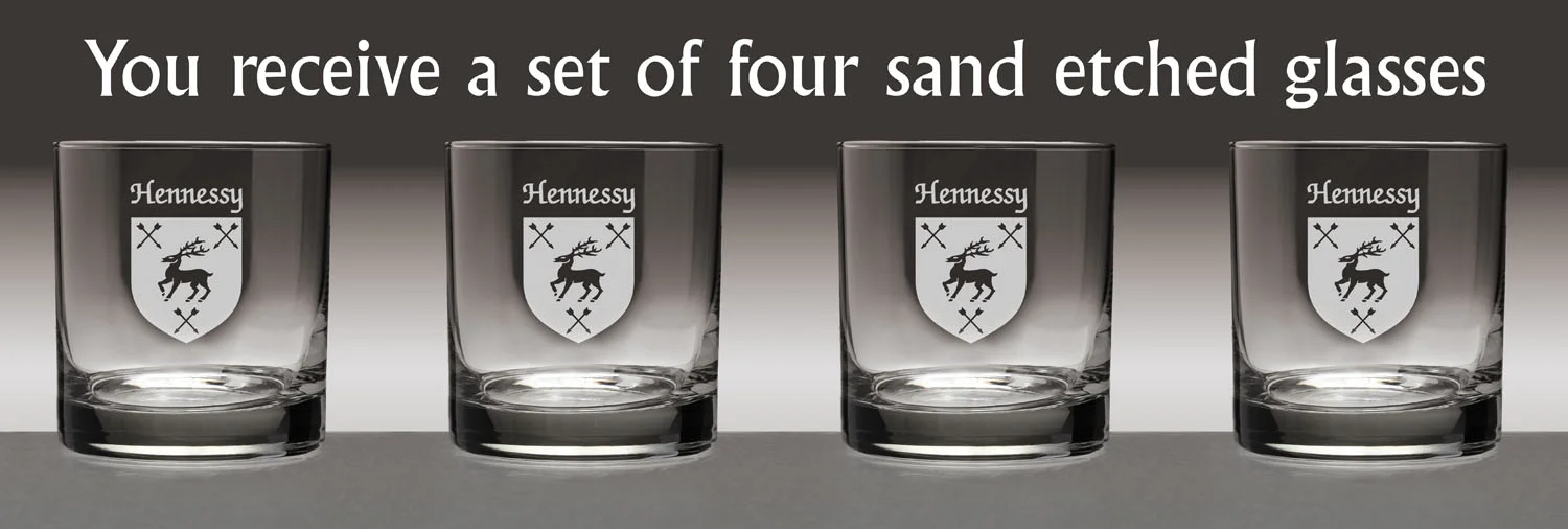 Hennessy Irish Coat of Arms Tumbler Glasses - Set of 4 (Sand Etched)