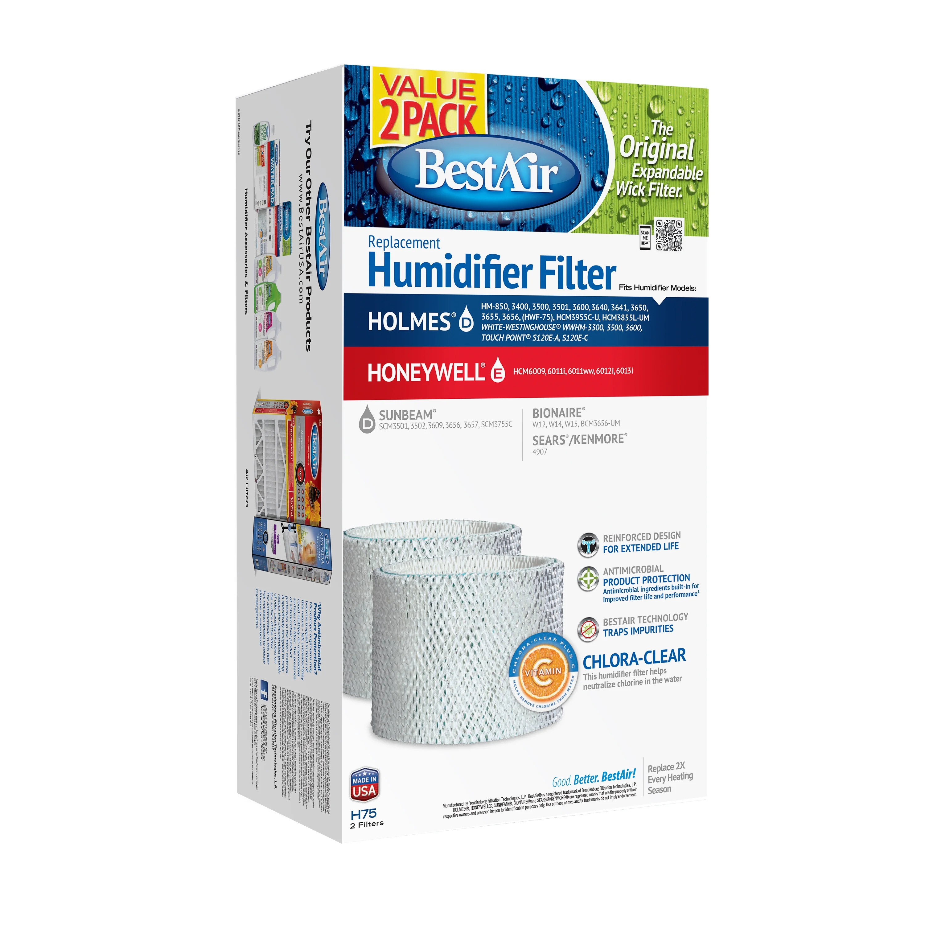 BestAir® H75 Value 2 Pack Extended Life Humidifier Replacement Paper Wick For Holmes Humidifiers. SIZE: 7 1/2″ x 28 1/8″ x 1″. WEIGHT: 0.75 lbs.