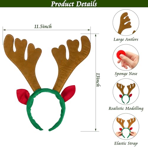 12 Pcs Christmas Reindeer Antlers Headband Bulk with 12 Pcs Red Noses, Brown Reindeer Antlers Hairbands for Christmas Party Supplies, Deer Headband for Family, Office, Party Photo Booth Props