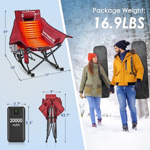 Suteck Heated Rocking Camping Chair, XL Oversized Rocking Chair Outdoor with 3 Heat Levels for Back and Seat, Heated Chairs Outdoor Sports W/20,000mAh Power Bank for Patio Lawn Picnic Travel