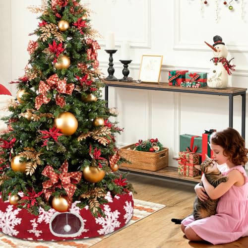 LUCKITTY Christmas Snowflake Print Cat Tunnel Under Tree, Velvet-Touch Jacquard Fabric with Hanging Plush Ball, 10-Inch Diameter 3-Ft Wide Round Pet Tube - Plush & Festive Cat Diversion Red