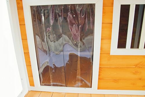 Indoor-Outdoor Wooden Dog House, Porch, Asphalt Roof, Plastic Door Curtain, Ventilation Windows, Brown, Weatherproof, Small to Medium Dog, Puppy Kennel