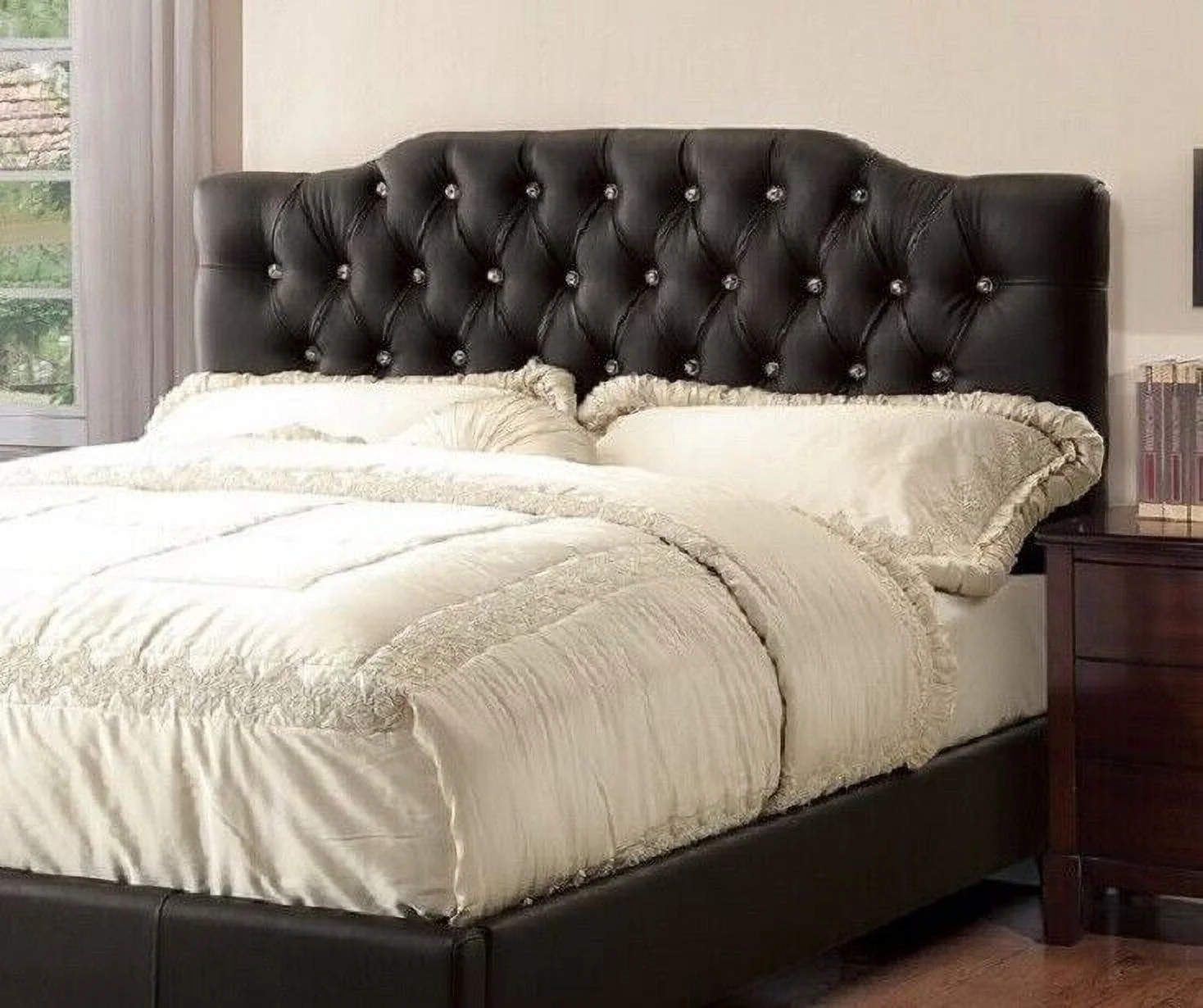Black Faux Leather California King Size Bed 1pc Bedframe Tufted Headboard Plywood Slats Platform Bed Bedroom Furniture