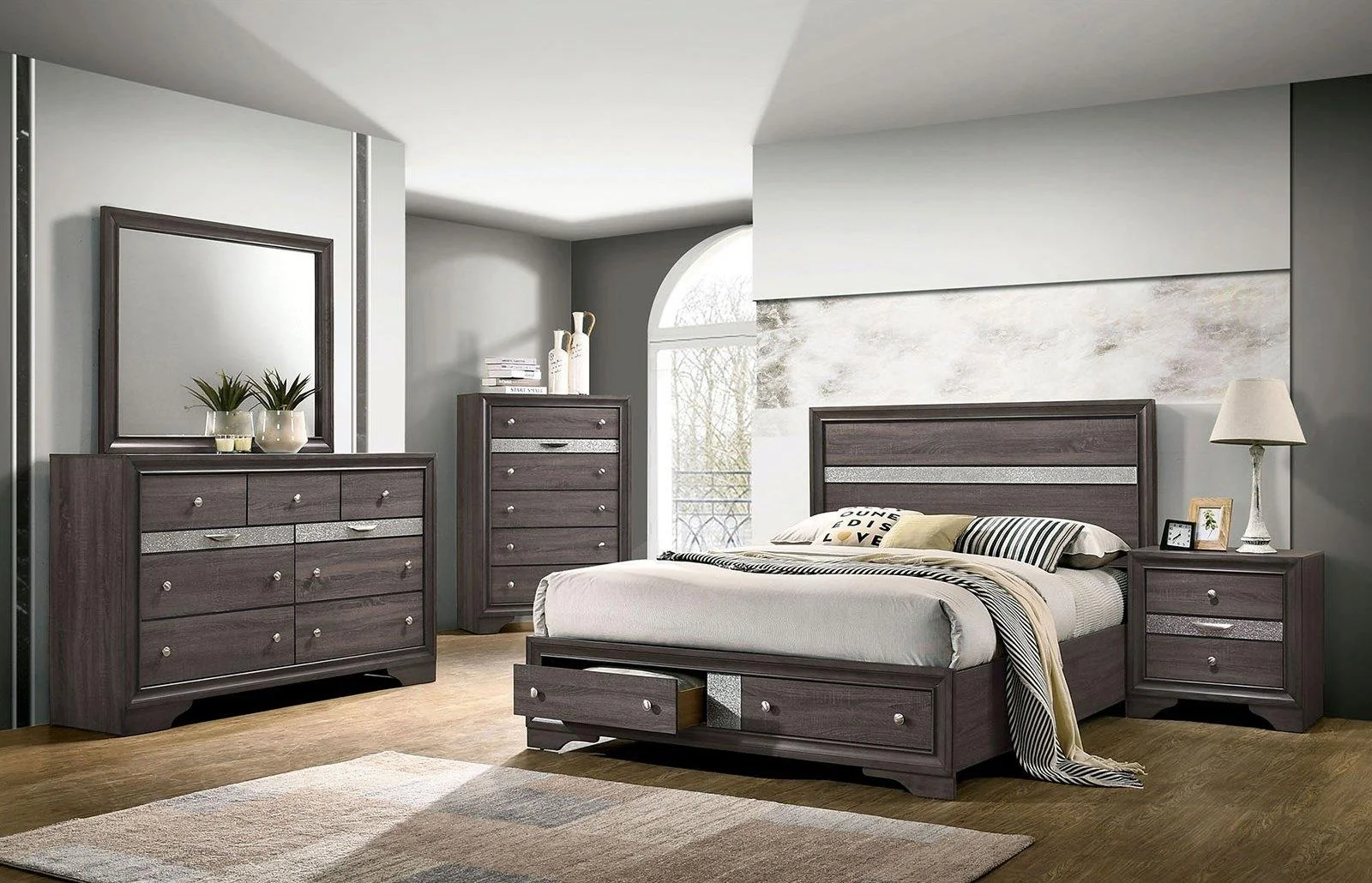 Contemporary Gray Solid Wood King Bedroom Set 5pcs FOA CM7552GY Chrissy