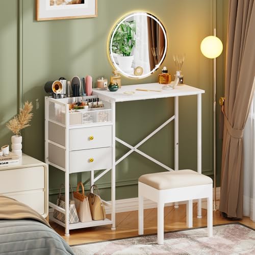 White Vanity Desk with 2 Fabirc Drawers, 9 Compartments, 35.5