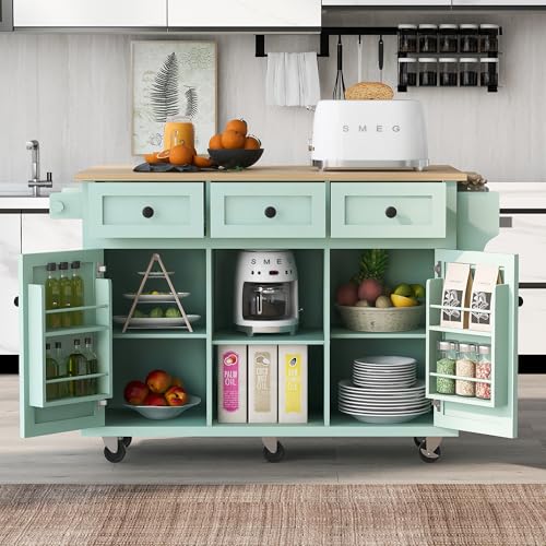 Farmhouse Kitchen Island with Power Outlet, Drop Leaf, Spice Rack and Drawer,Rolling Kitchen Cart on Wheels,Kitchen Storage Island for Home Dining Room (White/p2)