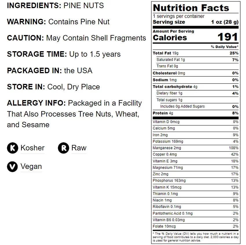 Pine Nuts, 1 Pound — Kosher, Vegan, Raw — by Food to Live