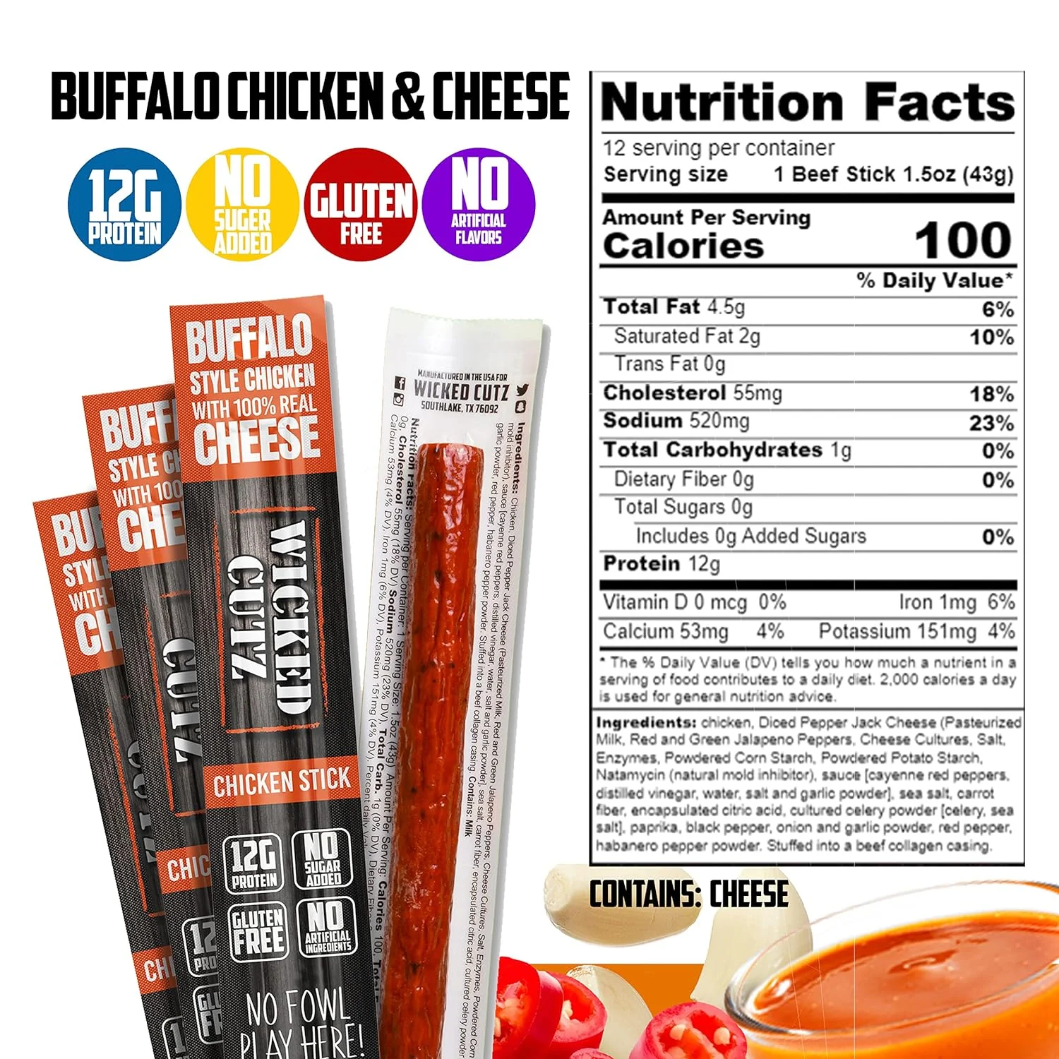 Wicked Cutz Premium Chicken Jerky Sticks, High Quality, Protein-Rich, Buffalo, 1.5 oz, 12-Pack