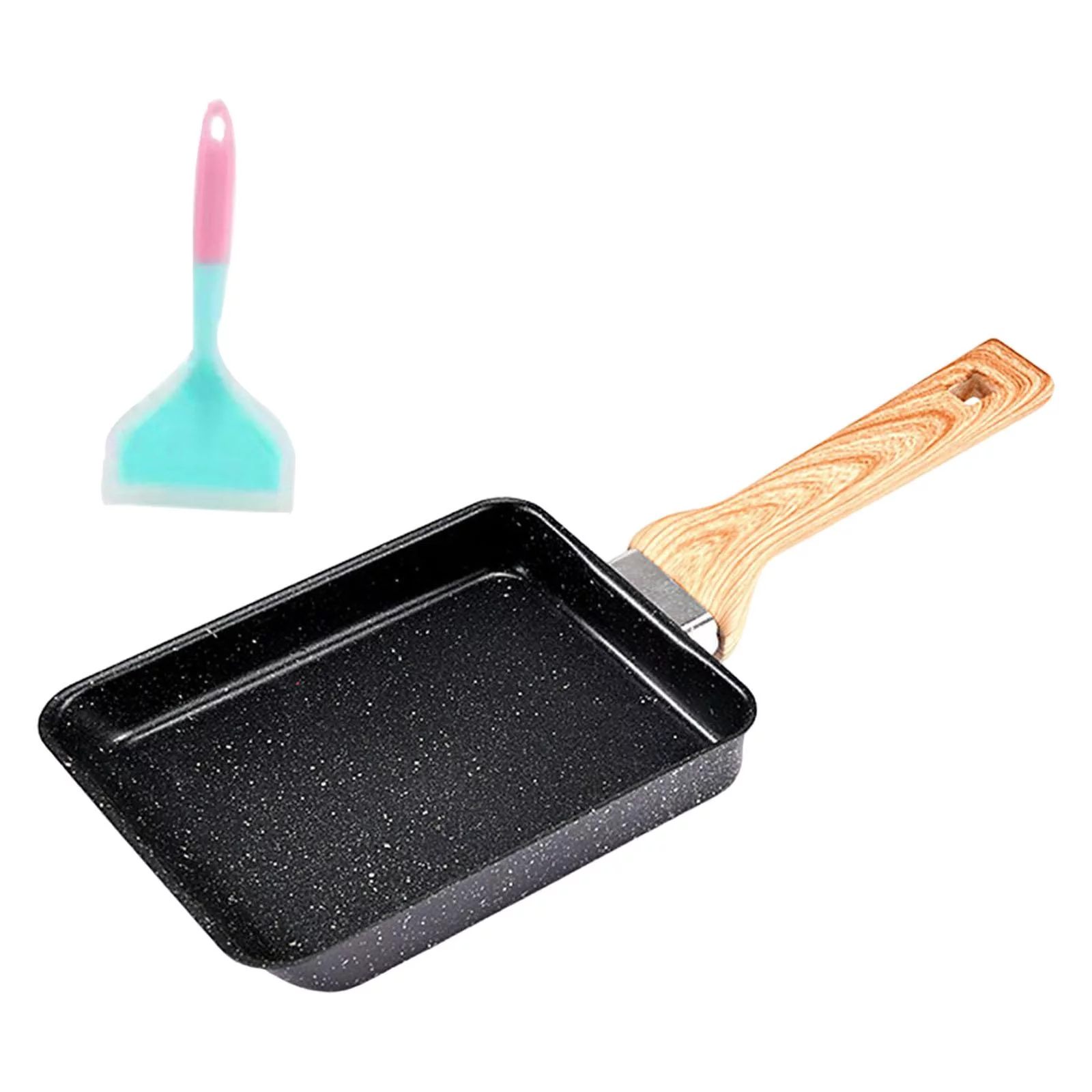 Japanese Omelette Scratch Bottom Non Stick Coating Rectangle Steak Skillet Handle Egg Tops , Black with Spatula