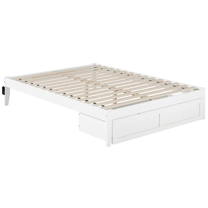 Bowery Hill Modern Solid Wood Queen Bed with Foot Drawer in White