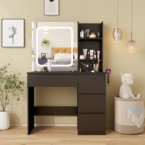 Vabches Vanity Desk with Mirror and Lights,Make Up 4 Drawers Table with Glass Door Storage Cabinet,Charger Station,3 Lighting Color Dressing Table for Bedroom,37inch,White