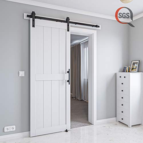 32in x 84in MDF Sliding Barn Door with 6ft Barn Door Hardware Kit & Handle, Pre-Drilled Holes Easy Assembly -Covered with Water-Proof PVC Surface, White, H-Frame