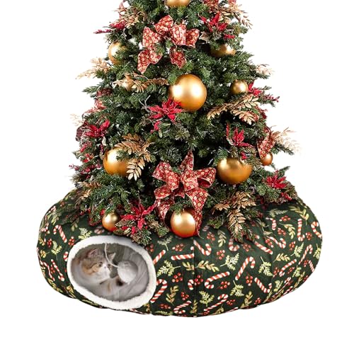 Cat Tunnel Bed Under Christmas Tree, 3FT x 3FT x 9.8IN Foldable Cat Tunnels for Indoor Cats, Decorative Christmas Style Tunnel for Cats Festive Kitten Donut Tunnels for Small Animals(Green,Candy Cane)