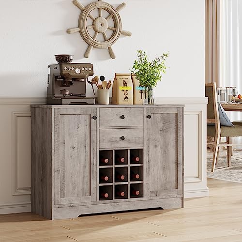 Buffet Sideboard Bar Cabinet with Storage, Farmhouse Coffee Bar Cabinet with 2 Drawers and Adjustable Shelves, 43.3’ Kitchen Buffet Storage Cabinet for Kitchen, Dining Room (Dark Brown)