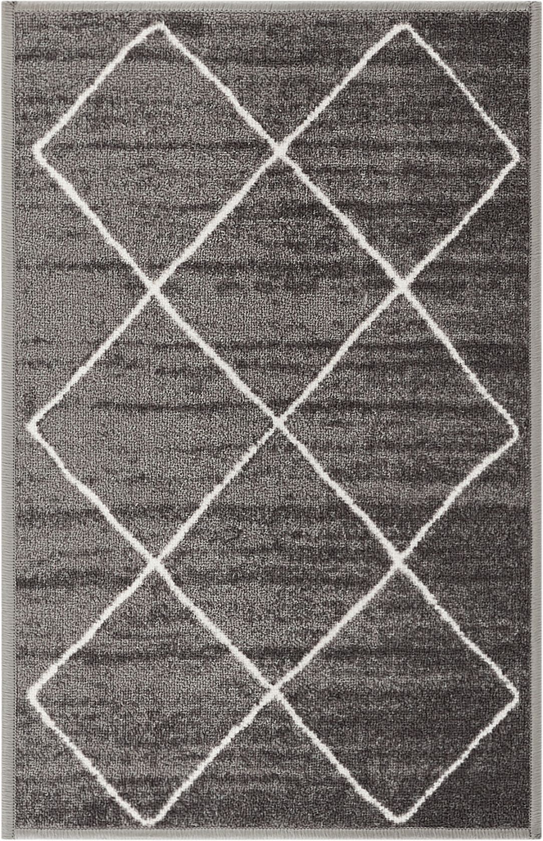 Well Woven Non-Skid/Slip Rubber Back Antibacterial Diamond Lattice Print Grey Thin Low Pile Machine Washable Indoor Outdoor Area Rug