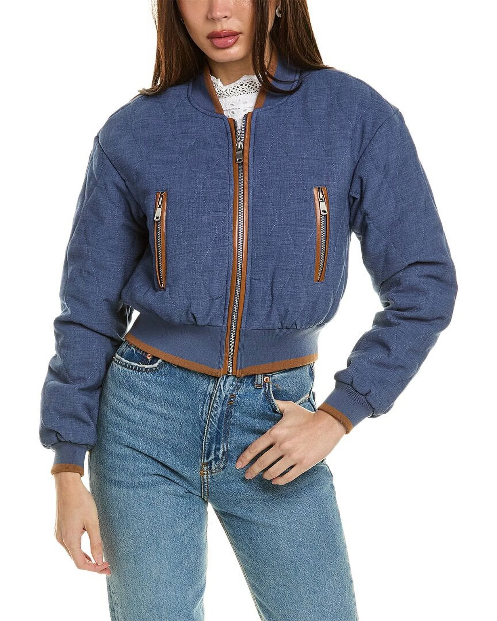 Avec Les Filles womens  Quilted Chambray Bomber Jacket, L, Blue