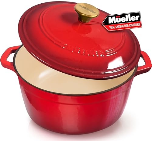 Mueller 6qt Enameled Cast Iron Dutch Oven, Heavy-Duty Casserole and Braiser Pan with Lid and Knob, Oven-Safe up to 500° F & Across All Cooktops, White