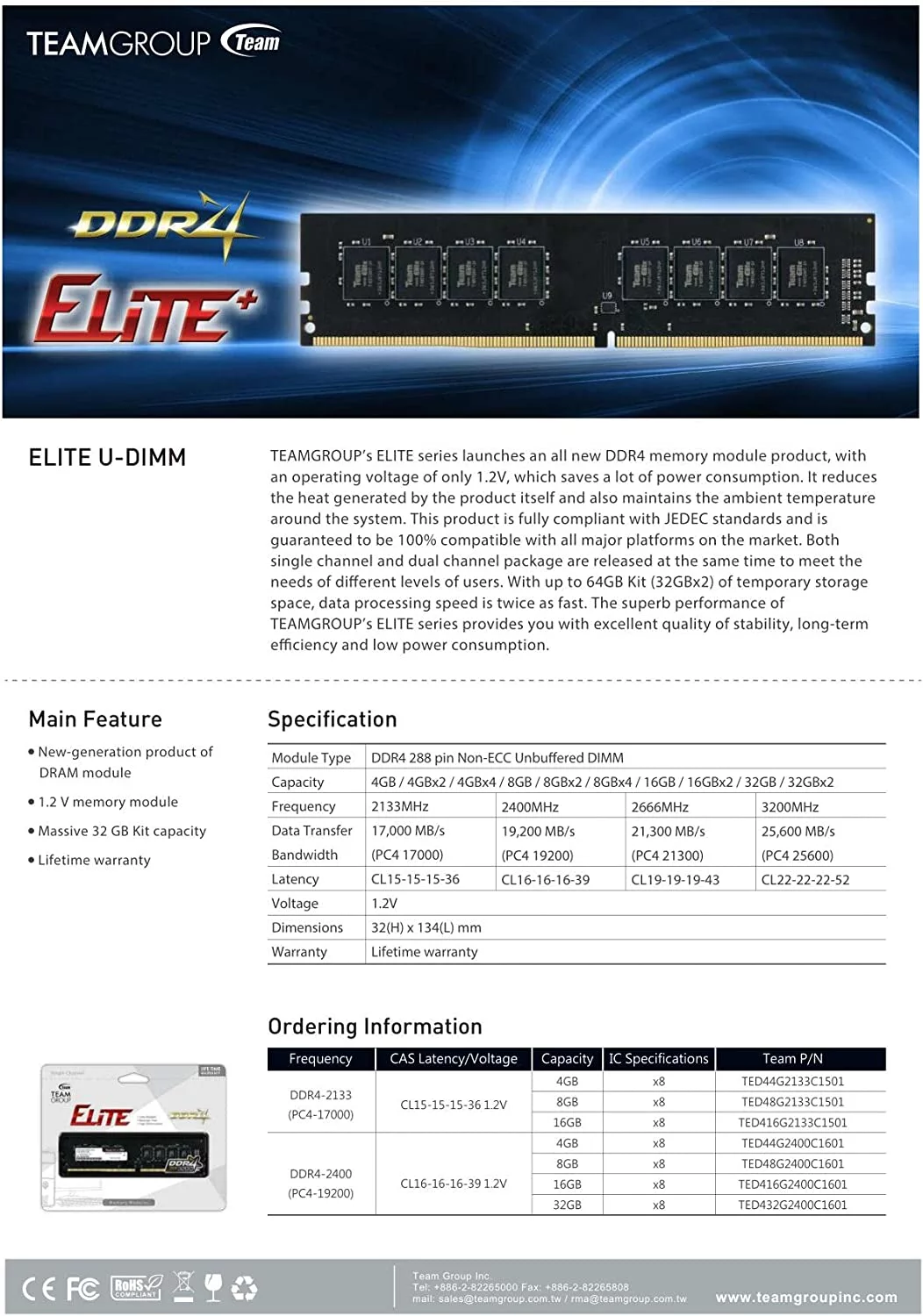 TEAMGROUP Elite DDR4 16GB Single 2666MHz (PC4-21300) CL19 Unbuffered Non-ECC 1.2V UDIMM 288 Pin PC Computer Desktop