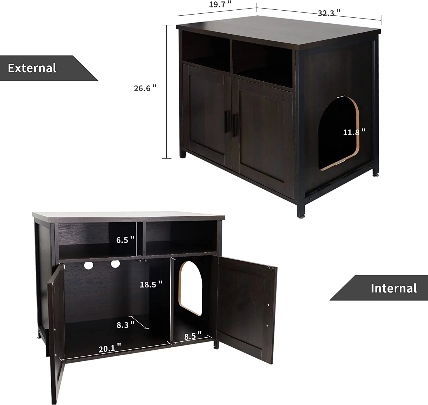 Reliancer Cat Litter Box Enclosure - Iron & Wood Furniture Hidden - Kitty Litter Box Cat Washroom with Storage Shelf, Interior Divider and Vent Holes - 2 Doors Cat House - Indoor Pet Crate Side Table