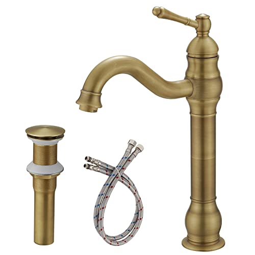 Antique Brass Vessel Sink Faucet 360° Swivel for Bathroom Bowl Sink Single Hole Farmhouse Tall Commercial Vanity with Pop Up Drain Without Overflow Combo