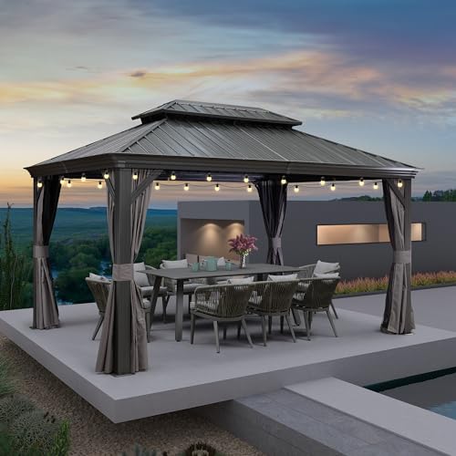 PURPLE LEAF 10' X 14' Permanent Hardtop Gazebo Aluminum Gazebo with Galvanized Steel Double Roof for Patio Lawn and Garden, Curtains and Netting Included, Grey
