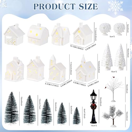 Set of 28 Ceramic Christmas Village Sets 8 Pieces White House with 18 Pieces Snow Tree 2 Lamp Vintage Christmas Decoration for Mantle Table Top Decor (Elegant)