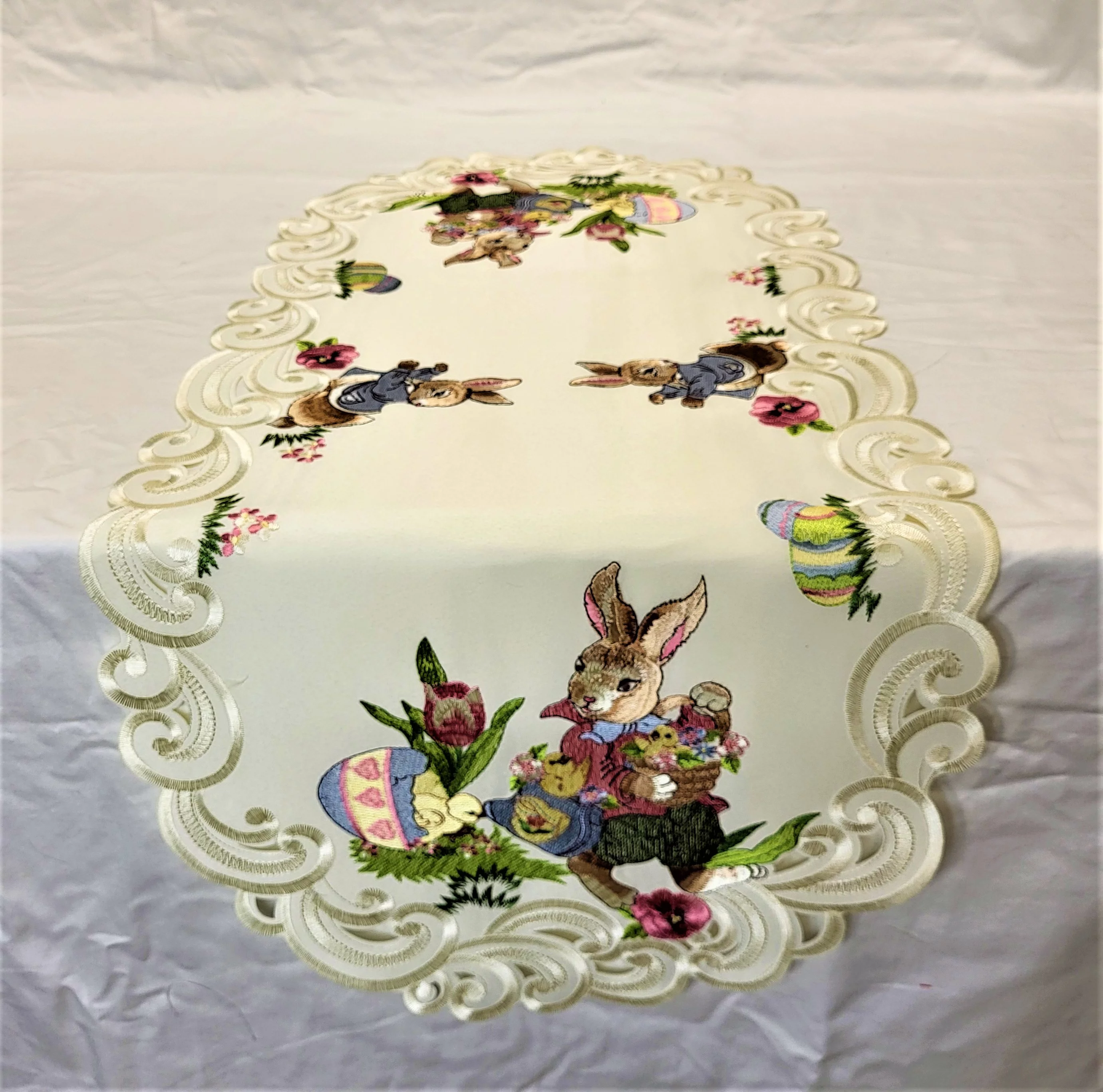 Doily Boutique Easter Table Runner with Easter Bunny and Eggs on Ivory Fabric Size 34 x 15 inches