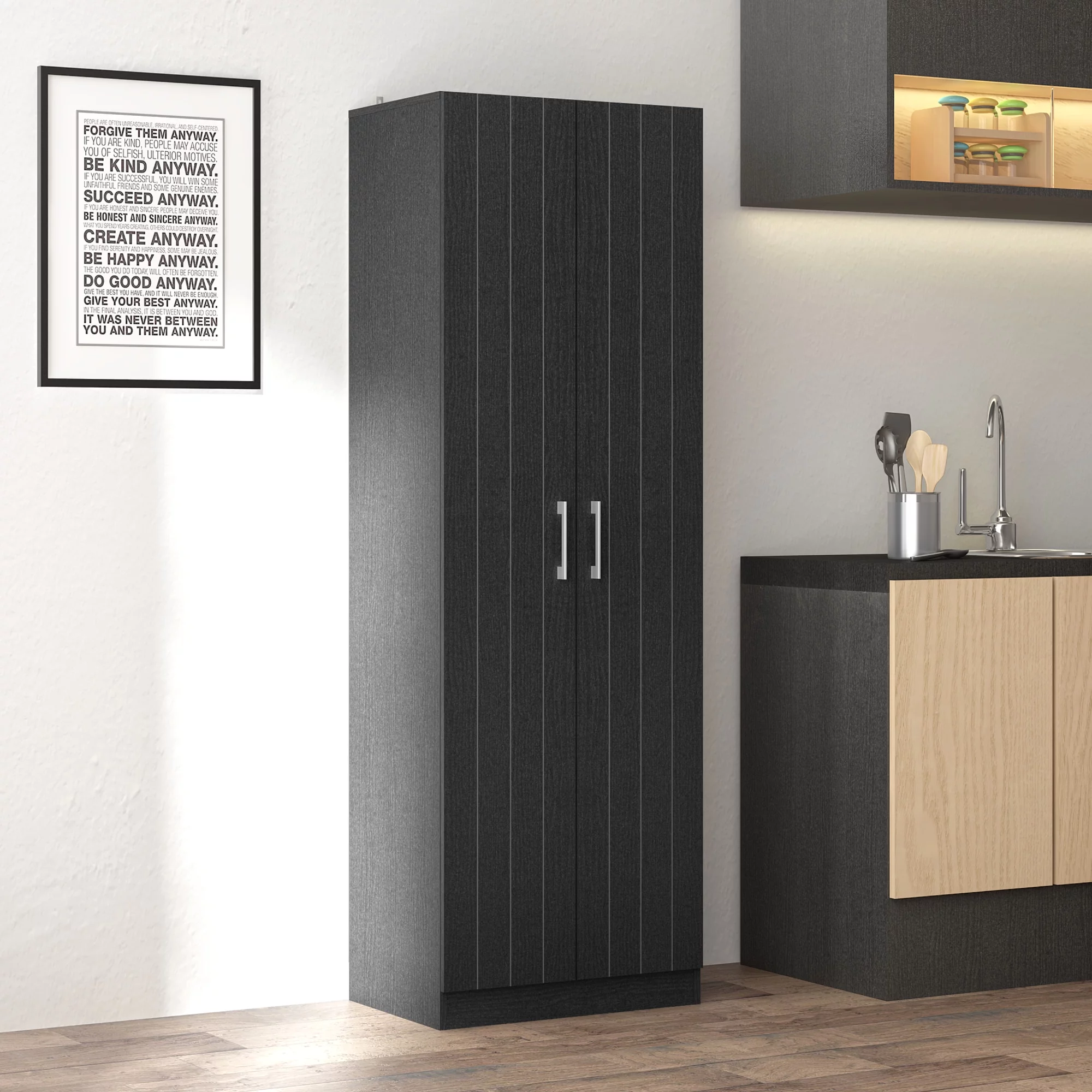 Woven Paths Lancaster Wood Kitchen Pantry with 2 Doors and 4 Shelves, Black Oak