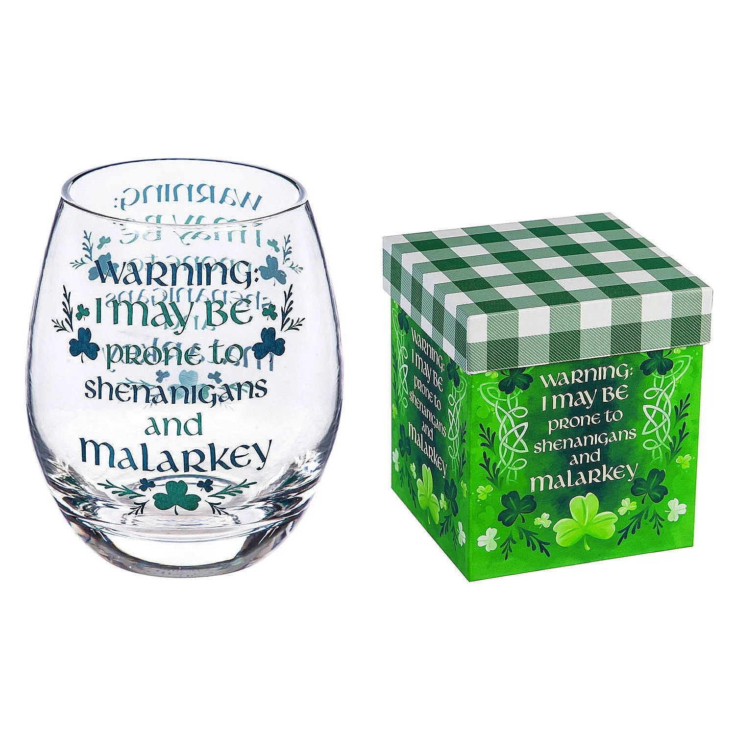 Evergreen Stemless Wine Glass with Box 17oz Celtic Memories
