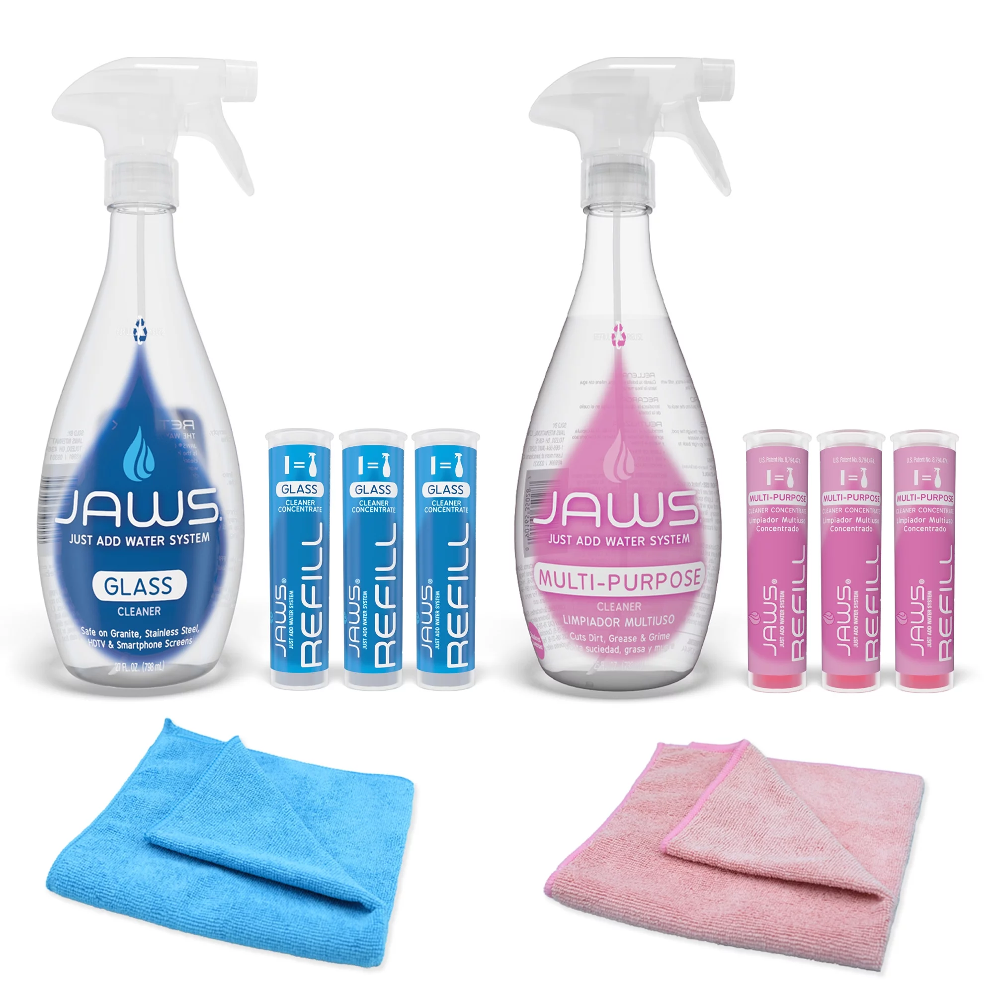 JAWS Essential Cleaning Kit. Glass & Multi-Purpose Cleaners & Towels. Refillable Cleaning Supplies.