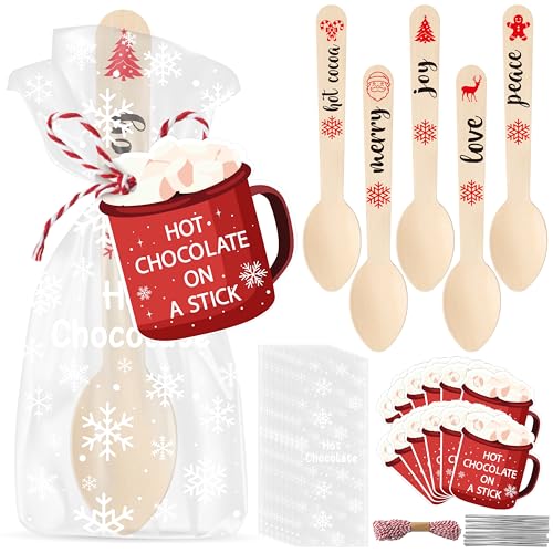 H1vojoxo Disposable Christmas Wooden Spoons - 100 Set Christmas Hot Chocolate Spoons Hot Cocoa Stirring Spoon with Gift Tags Bags Rope for Cake Candy Coffee Baking Tasting Hot Chocolate Party Favors