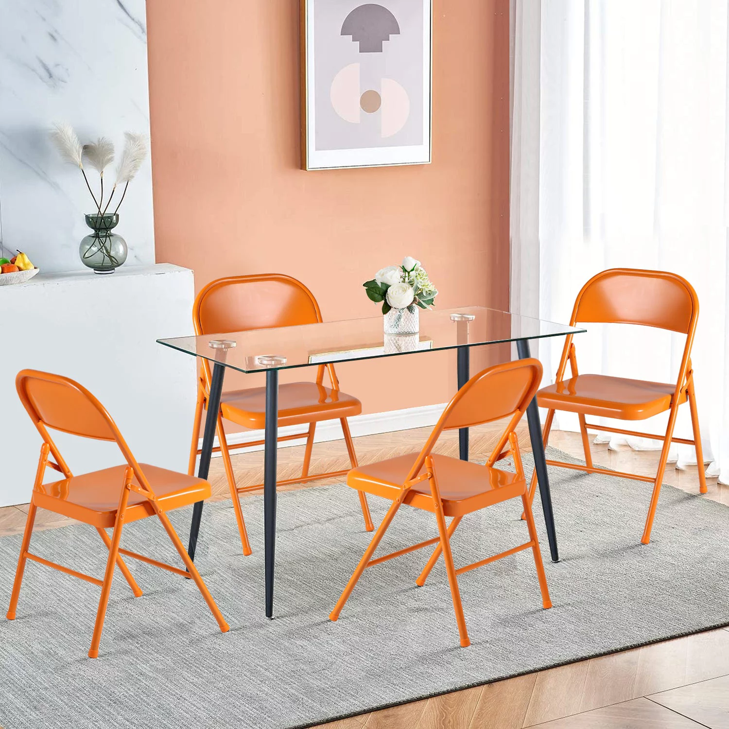 VECELO Set of 4 Metal Folding Chairs with Triple Braced & Double Hinged Back, Orange