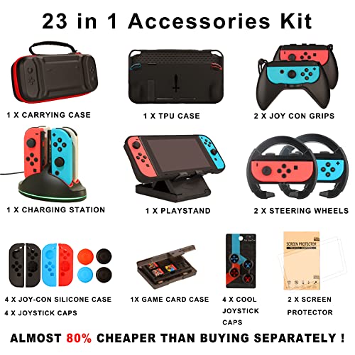 Switch Accessories Bundle for Nintendo Switch: Carrying Case, Screen Protector, Joycon Grips, Steering Wheels, Charging Dock, Playstand, Comfort Joy-Con Case and More (23 in 1)