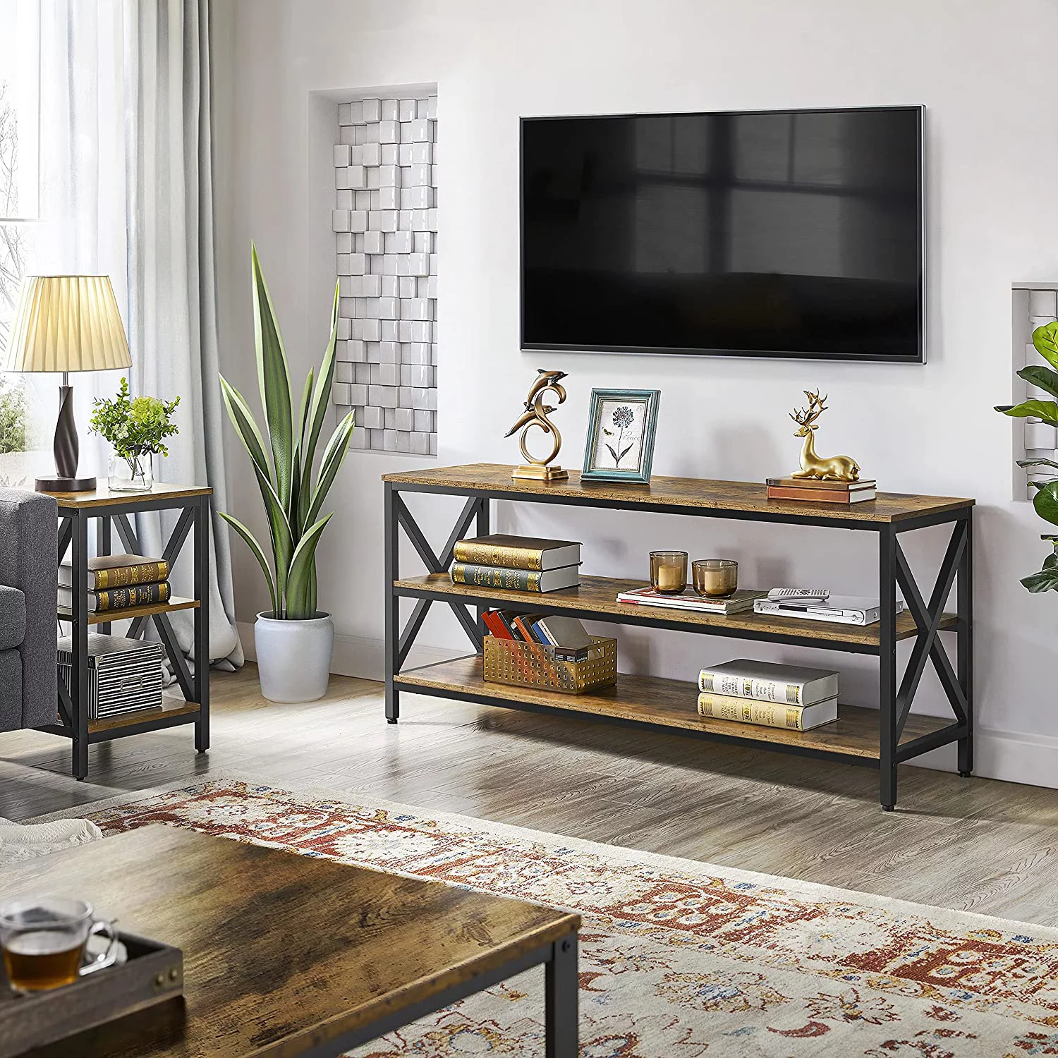 Industrial TV Stand for up to 70 Inches  63 Inch Entertainment Center with Storage Shelf for Living Room  3 Tiers TV Console Table with Metal Support  Modern Home Furniture  Rustic Brown