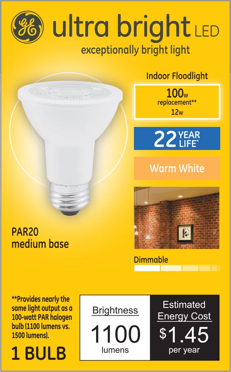 GE Ultra Bright LED Floodlight Bulb, Indoor, Warm White, 12 Watt (100 Watt Equivalent) Medium Base, Dimmable (1 Pack)