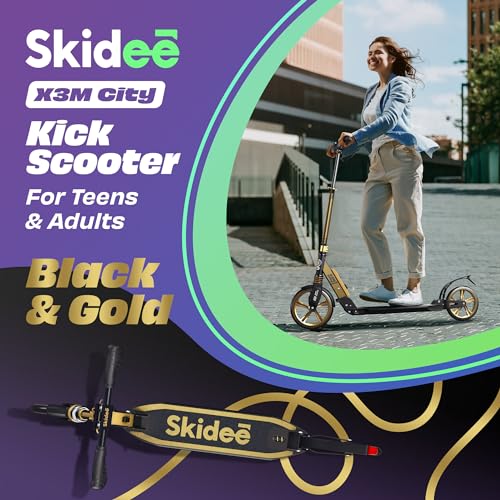 Skidee Adult & Teen Scooter Adjustable Height, Folding, Large Wheels, Lightweight, Durable, Anti-Shock Suspension, Up to 220 lbs