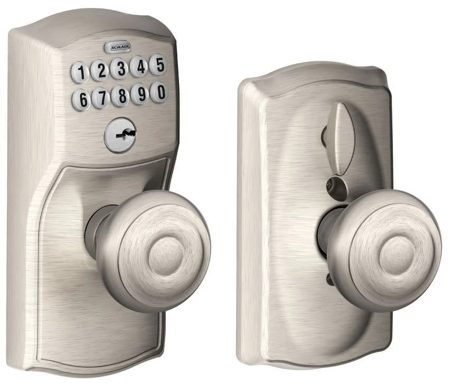Schlage FE595 CAM 619 GEO Camelot Keypad Entry with Flex-Lock and Georgian Style Knobs, Satin Nickel
