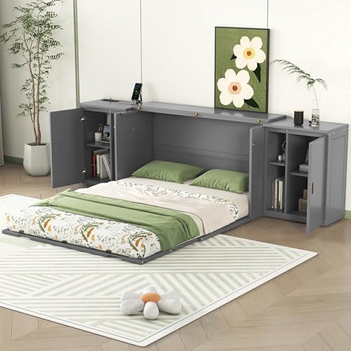 Full Murphy Bed Space-Saving Wall Bed with Storage Shelves and Drawers for Guest Room or Home, Easy to Fold into a Cabinet
