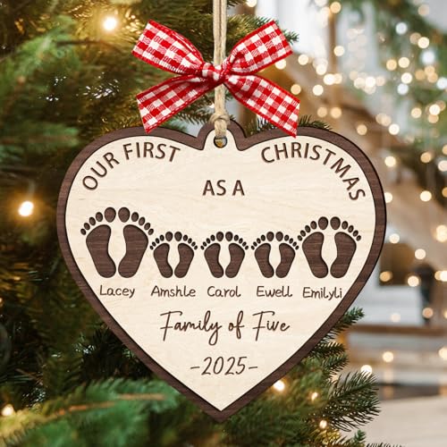 First Christmas As A Family of Three Footprints Ornament, Personalized 2-Layered 2025 1st First Christmas Family of 3 New Baby Wooden Ornament Xmas Tree Crafts Gifts for New Mom Parents (style01)