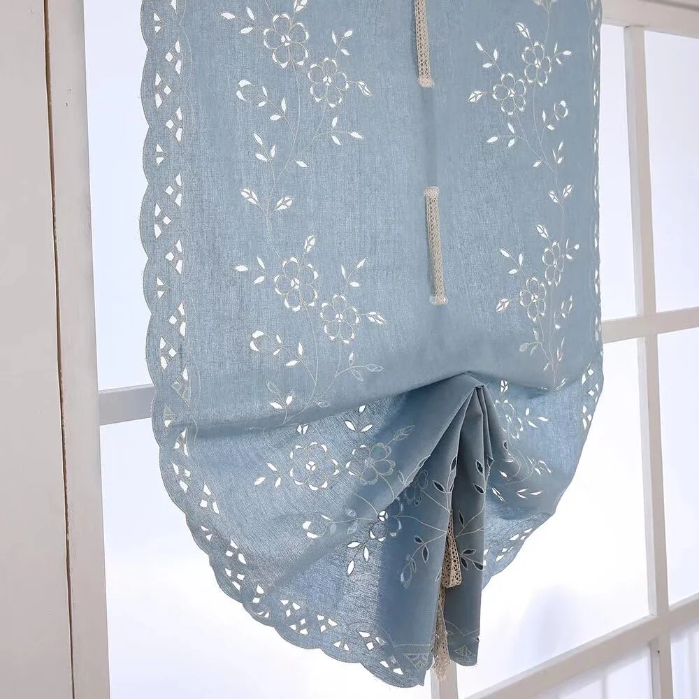 ZHH Blue Roman Shade Curtains Retro Tie-Up Window Curtains Flower Openwork Cotton Curtains Handmade Crochet Embroidered Balloon Shade Room Decor H 32