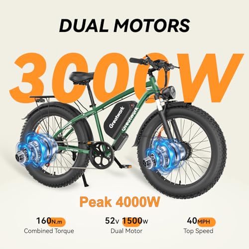 Dual Motor Electric Bike for Adults, 52V 4000/5000W Peak Motor, 40/45MPH, 1300Wh Battery, Up to 100 Miles Range, 26