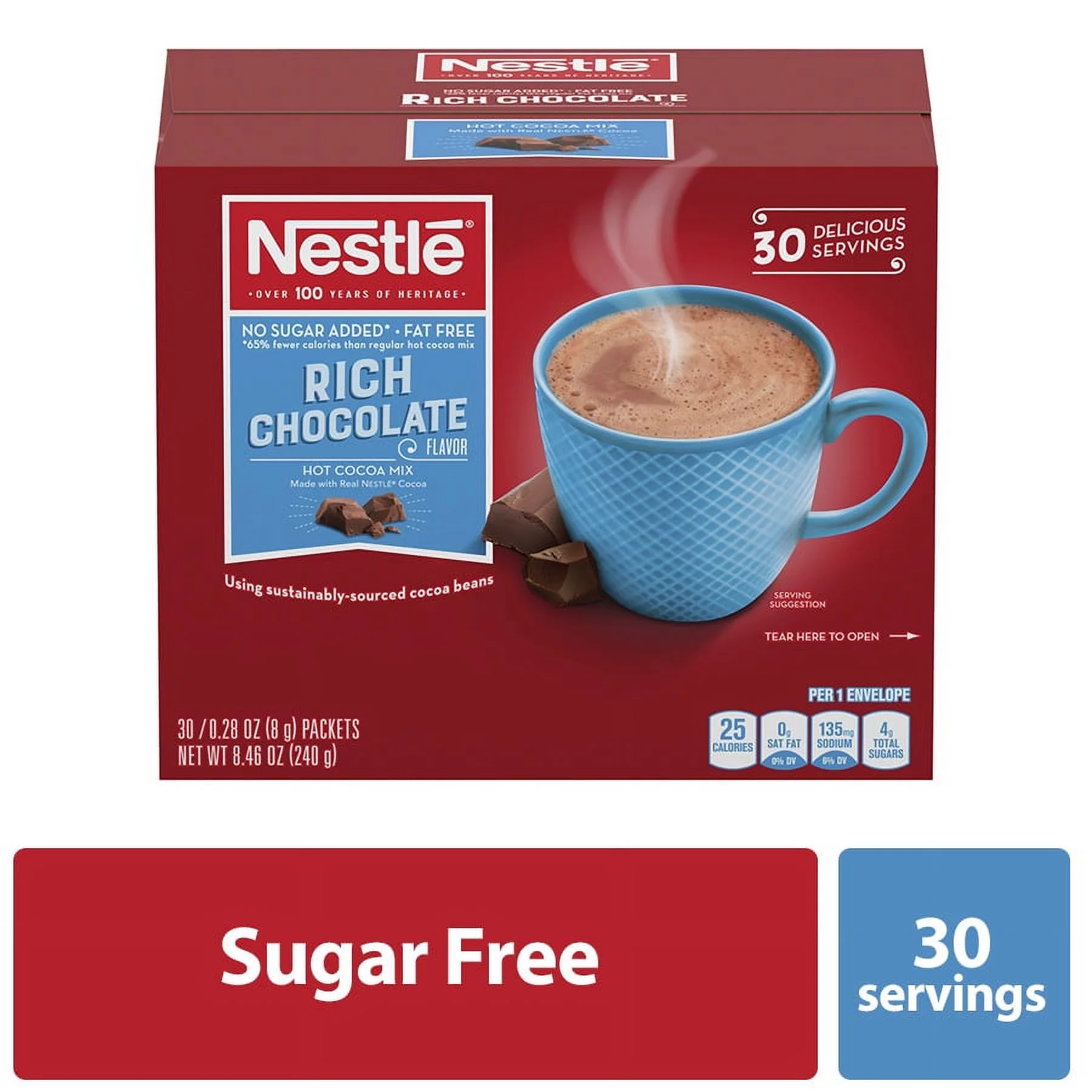 No-Sugar-Added Hot Cocoa Mix Envelopes, Rich Chocolate, 0.28 Oz Packet, 30/box | Bundle of 5 Boxes