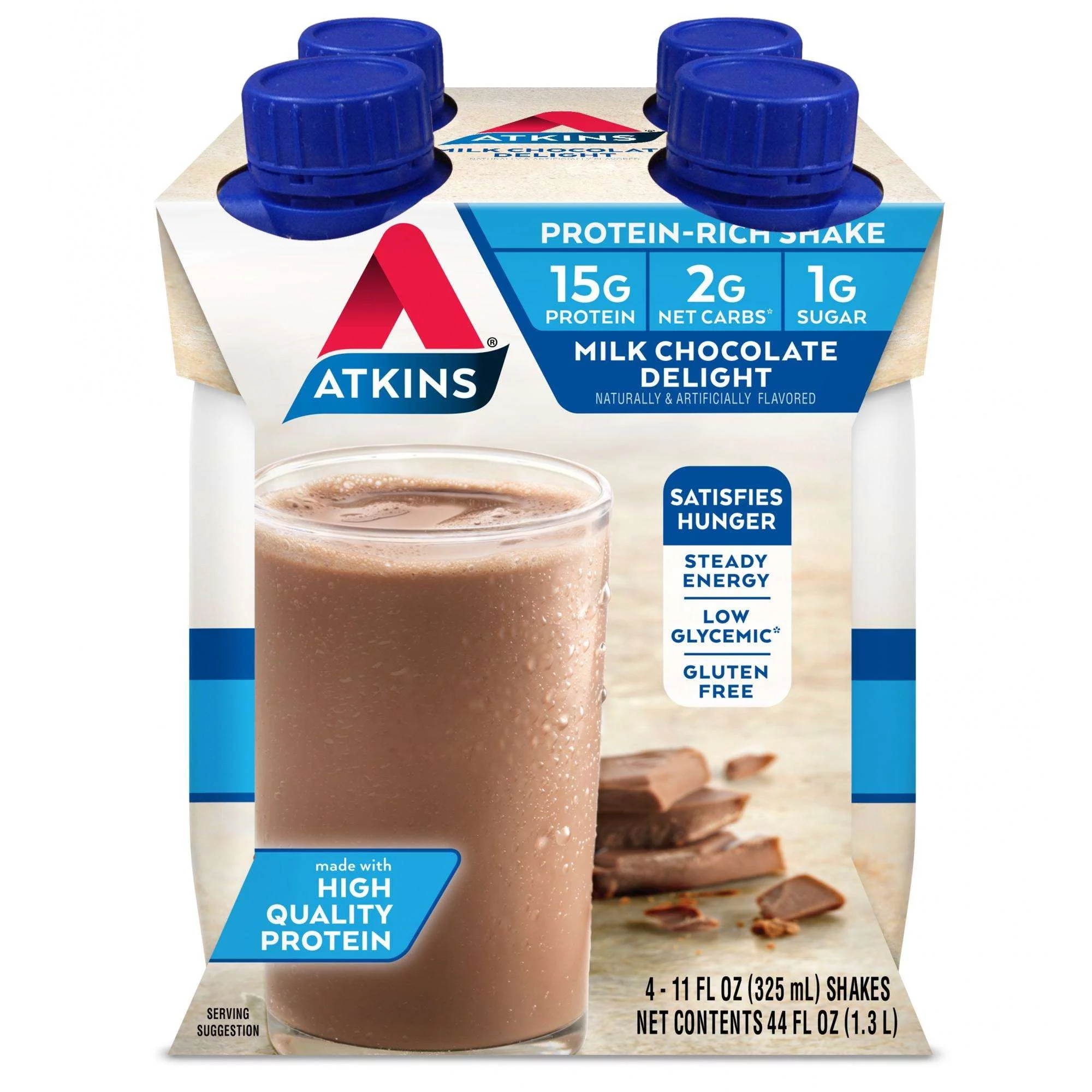 Atkins Gluten Free Protein-Rich Shake, Milk Chocolate Delight, Keto Friendly, 3/4ct Packs (Ready to Drink)